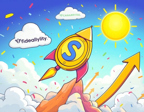 Spot SOL ETF rocket launch representing Solana investment opportunity with financial growth imagery