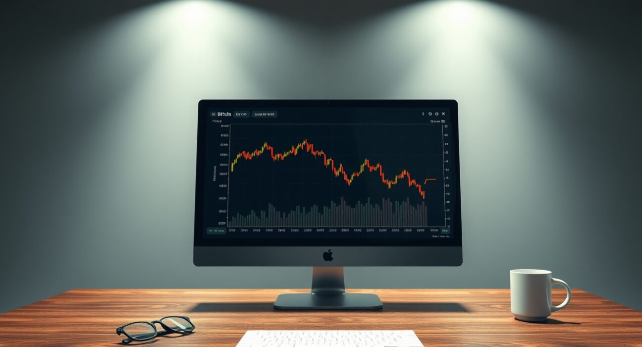 Financial analyst desk with Bitcoin price chart on monitor showing a downward trend
