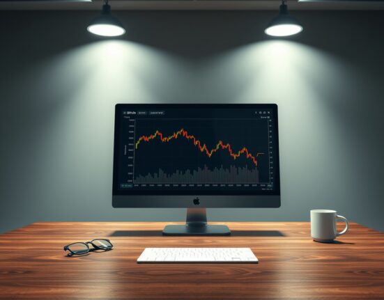 Financial analyst desk with Bitcoin price chart on monitor showing a downward trend