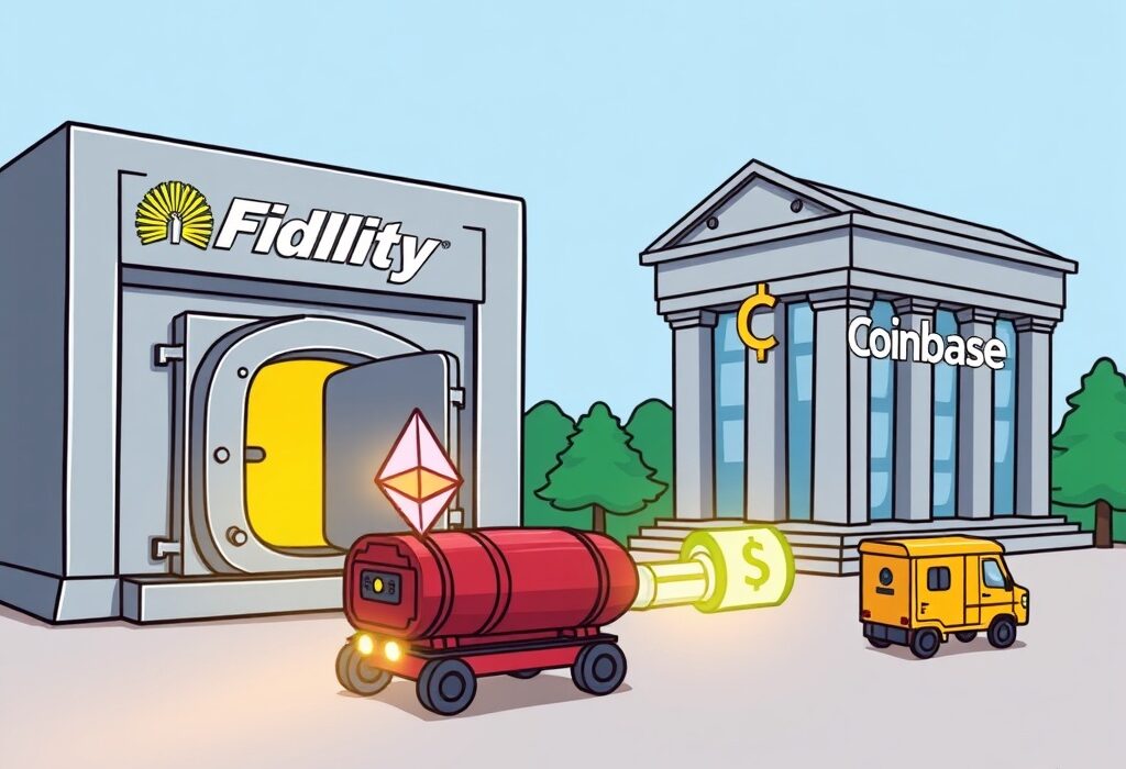 A cartoon illustration of a significant Fidelity ETH transfer to Coinbase, symbolizing institutional crypto movement.