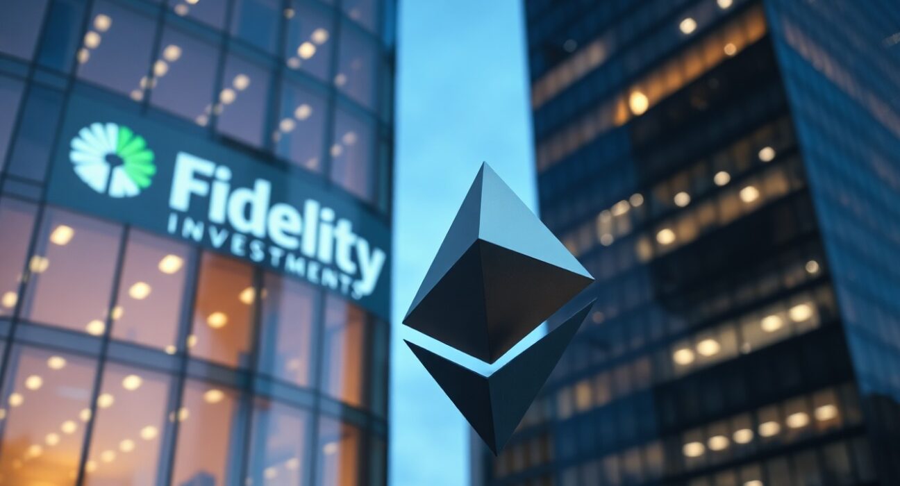 Fidelity logo reflected on a glass building with a digital Ethereum symbol in the foreground.