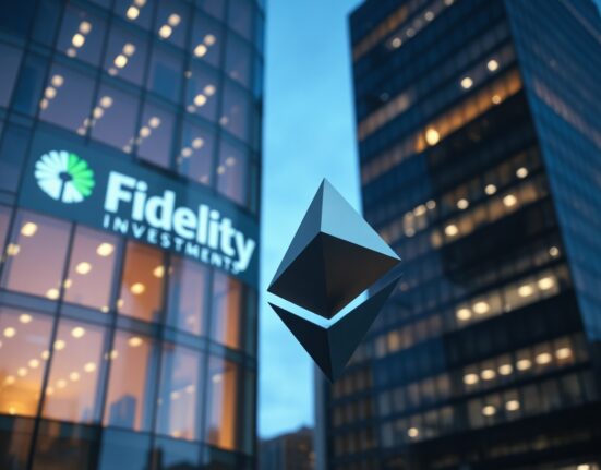 Fidelity logo reflected on a glass building with a digital Ethereum symbol in the foreground.