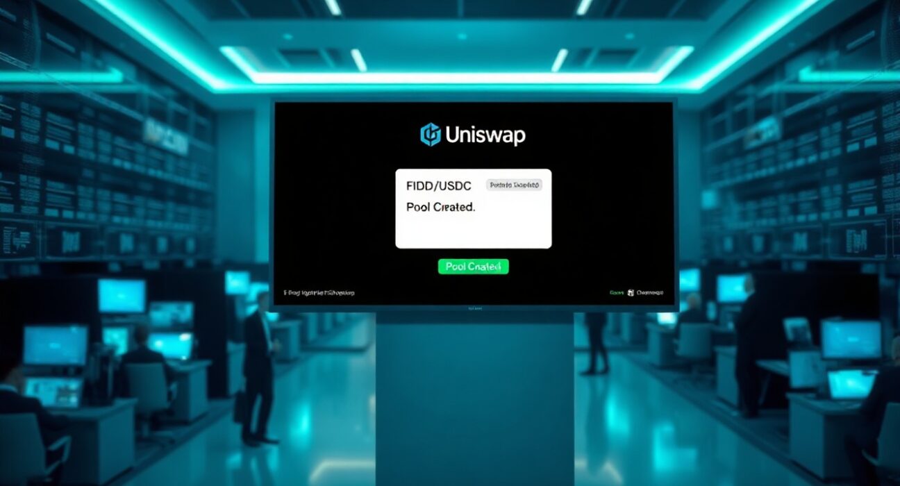 Digital display showing a FIDD stablecoin pool on the Uniswap decentralized exchange interface in a professional trading environment.