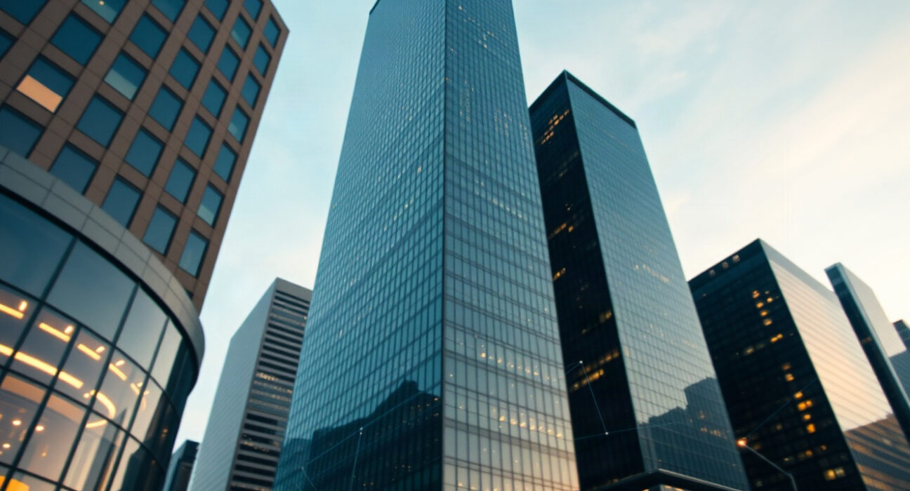 Financial district skyline with digital network overlay symbolizing blockchain and AI risks