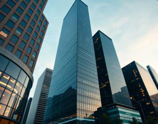 Financial district skyline with digital network overlay symbolizing blockchain and AI risks
