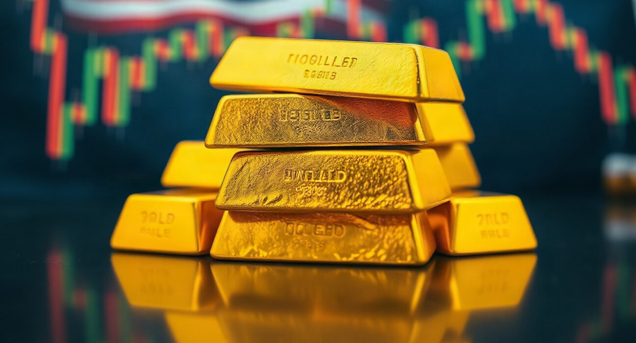 Gold bullion bars stacked on a reflective surface, symbolizing increased gold holdings amid Federal Reserve uncertainty.