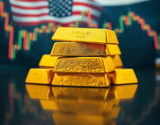 Gold bullion bars stacked on a reflective surface, symbolizing increased gold holdings amid Federal Reserve uncertainty.