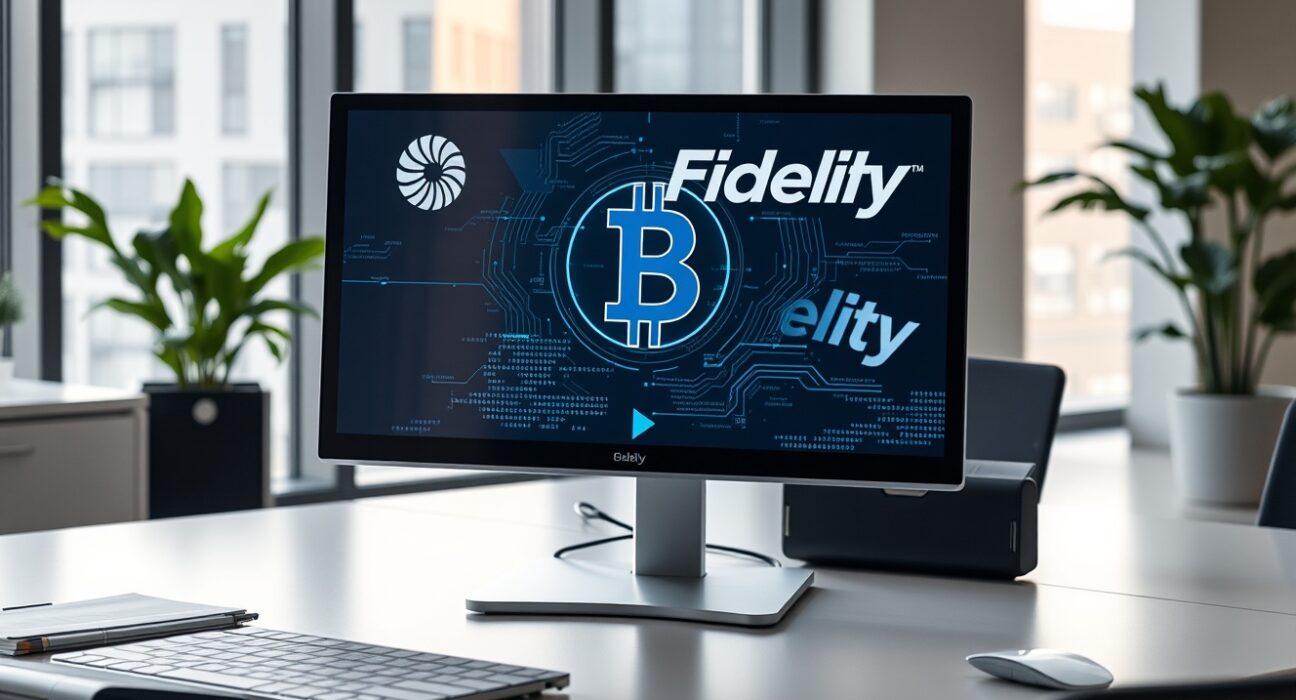 Fidelity International fund token on a digital display in a professional office setting