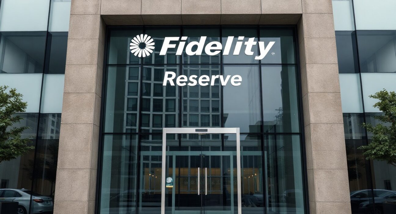 Fidelity office building exterior with subtle digital currency reflections