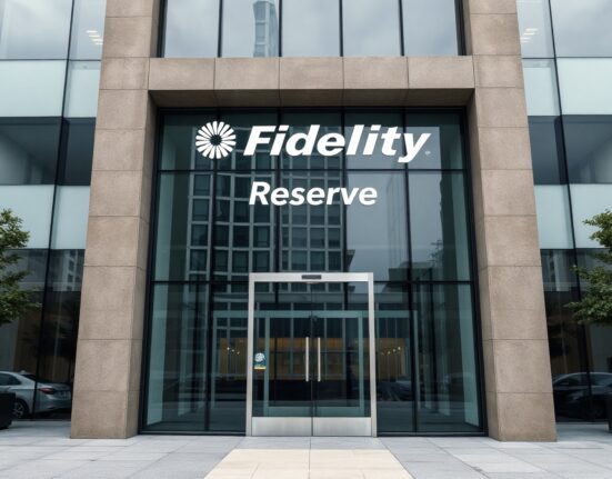 Fidelity office building exterior with subtle digital currency reflections
