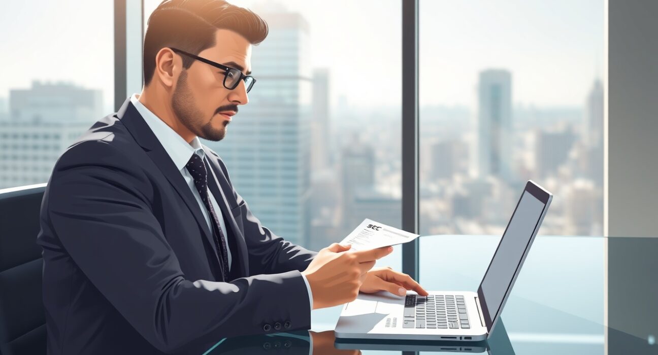 Financial analyst reviewing cryptocurrency regulations and market data for SEC compliance