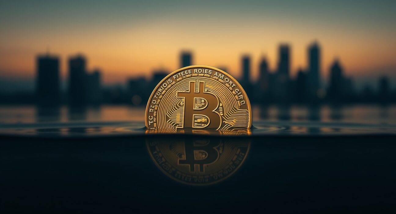 Bitcoin coin partially submerged in reflective water symbolizing liquidity and market support.