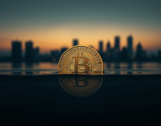 Bitcoin coin partially submerged in reflective water symbolizing liquidity and market support.
