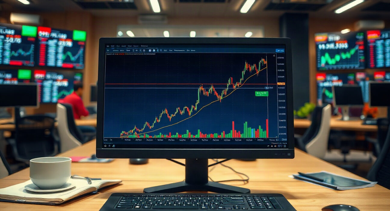 Bitcoin price chart on a monitor in a trading office, reflecting bullish market sentiment.