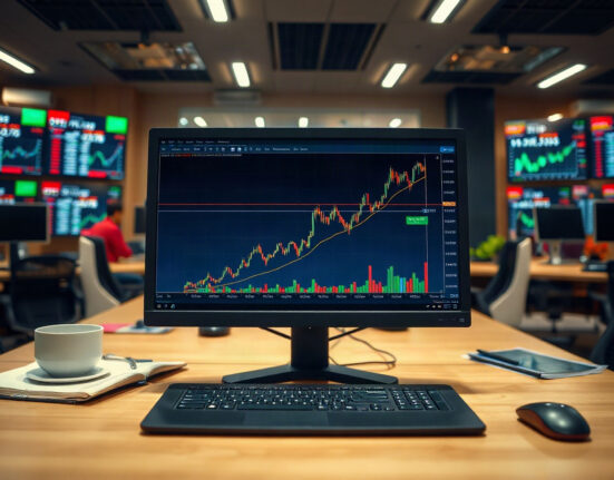 Bitcoin price chart on a monitor in a trading office, reflecting bullish market sentiment.