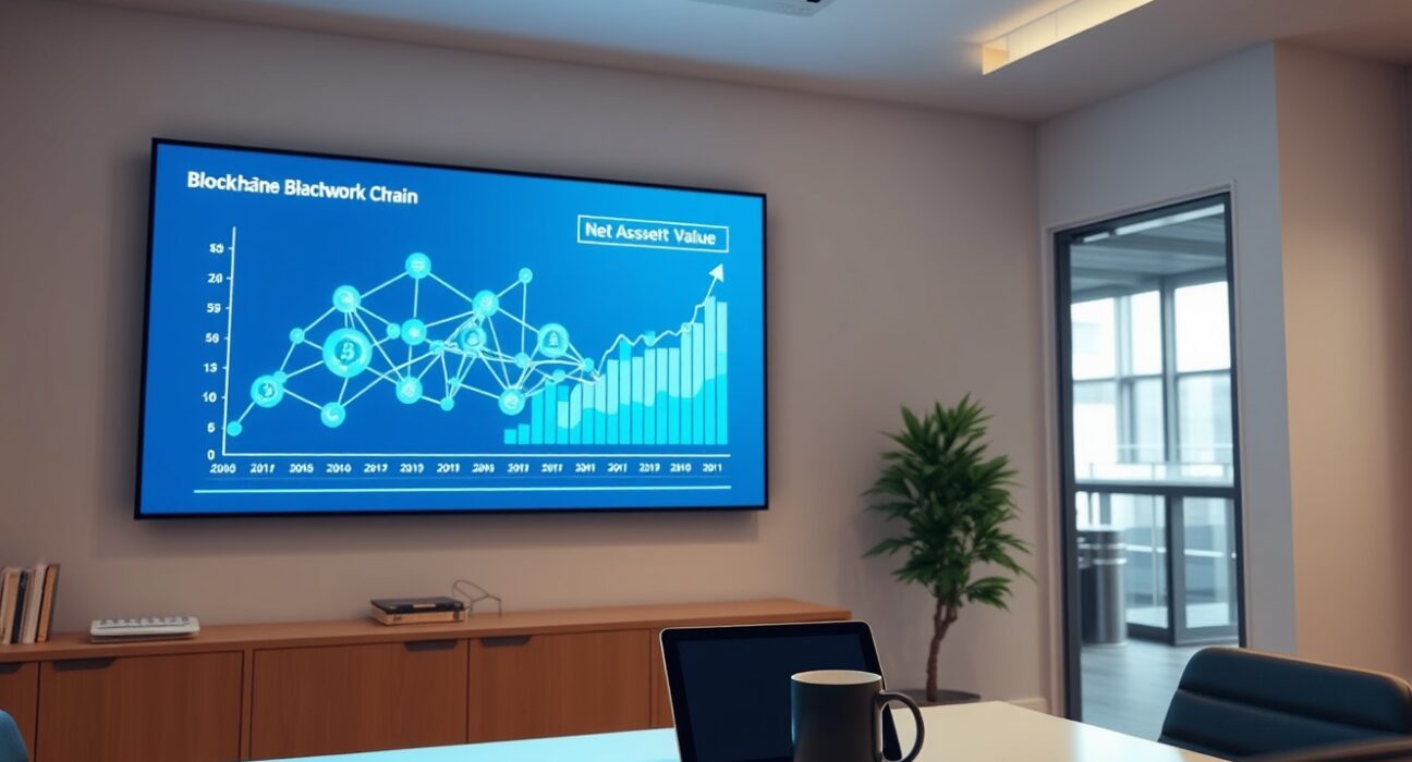 Modern financial office with digital display showing blockchain network and NAV data for Fidelity's tokenized fund
