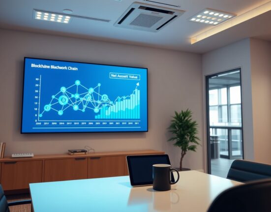 Modern financial office with digital display showing blockchain network and NAV data for Fidelity's tokenized fund