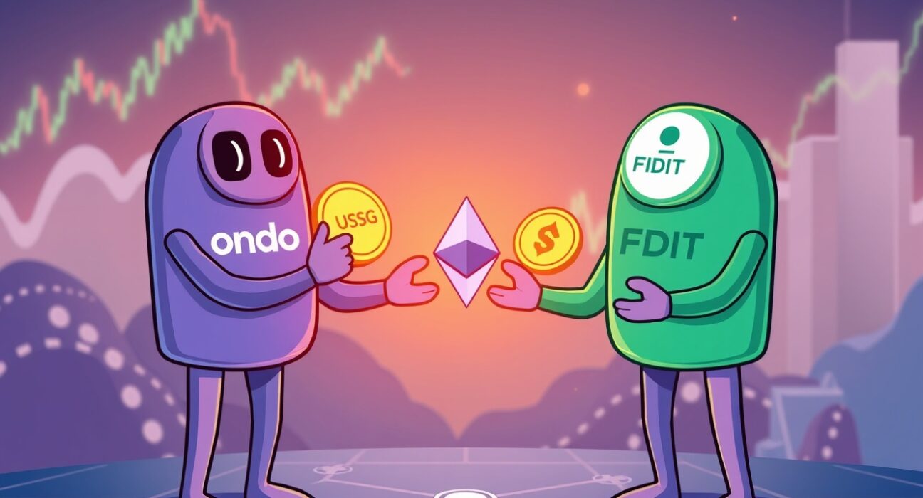 A cartoon illustration showing Ondo Finance and Fidelity collaborating on a digital ledger, symbolizing the significant investment of Ondo OUSG into the Fidelity tokenized fund.