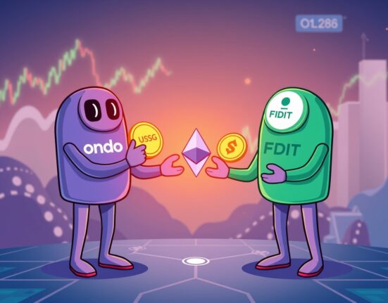 A cartoon illustration showing Ondo Finance and Fidelity collaborating on a digital ledger, symbolizing the significant investment of Ondo OUSG into the Fidelity tokenized fund.
