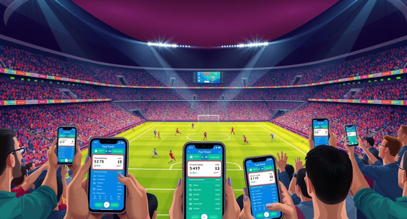 FIFA 2026 World Cup prediction market showing fans using smartphones for match forecasts in a stadium setting.