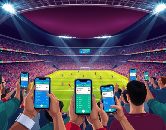 FIFA 2026 World Cup prediction market showing fans using smartphones for match forecasts in a stadium setting.