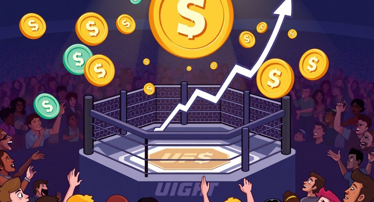 A cartoon illustration symbolizing the successful $183M FIGHT token sale, highlighting its impact on UFC's digital ecosystem.