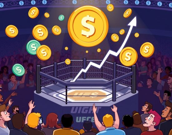 A cartoon illustration symbolizing the successful $183M FIGHT token sale, highlighting its impact on UFC's digital ecosystem.