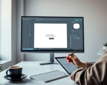 Designer using Figma's new AI agent on a digital canvas in a modern studio