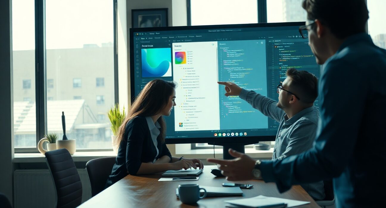 Designers and developers collaborating over Figma interface showing code layers and animation tools in a bright modern office.
