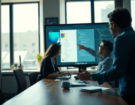 Designers and developers collaborating over Figma interface showing code layers and animation tools in a bright modern office.