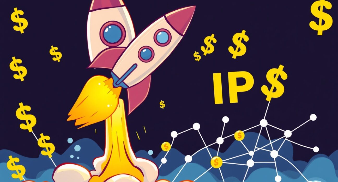 A cartoon rocket symbolizing the successful launch and growth of a Figure IPO, raising significant capital for blockchain lending.