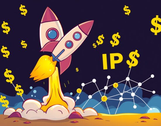 A cartoon rocket symbolizing the successful launch and growth of a Figure IPO, raising significant capital for blockchain lending.