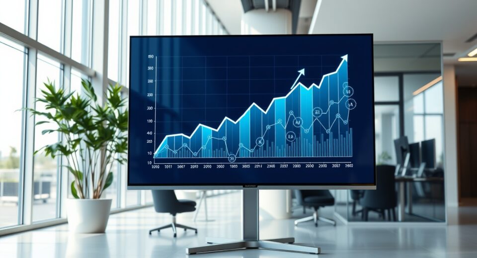 Figure Technologies Q2 revenue growth chart displayed on a digital screen in a modern fintech office