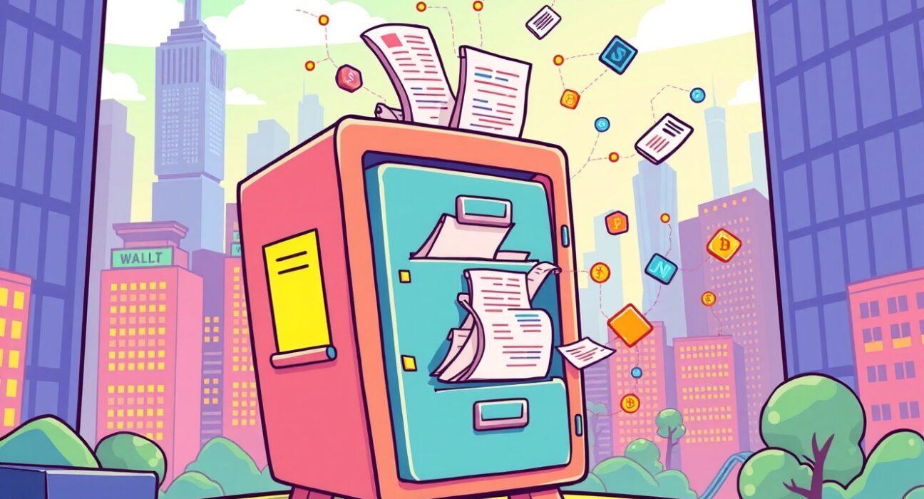 A vibrant cartoon illustrating the groundbreaking IPO application process merging with blockchain technology on Solana.