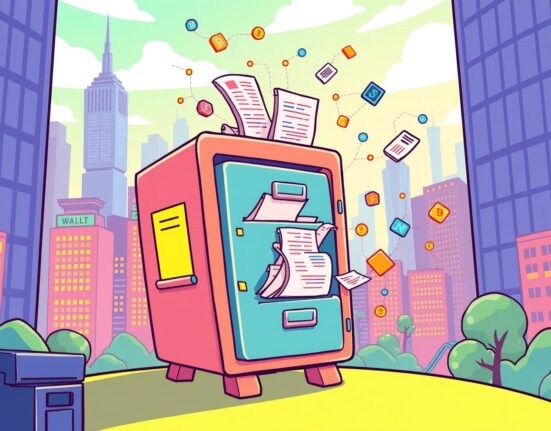 A vibrant cartoon illustrating the groundbreaking IPO application process merging with blockchain technology on Solana.