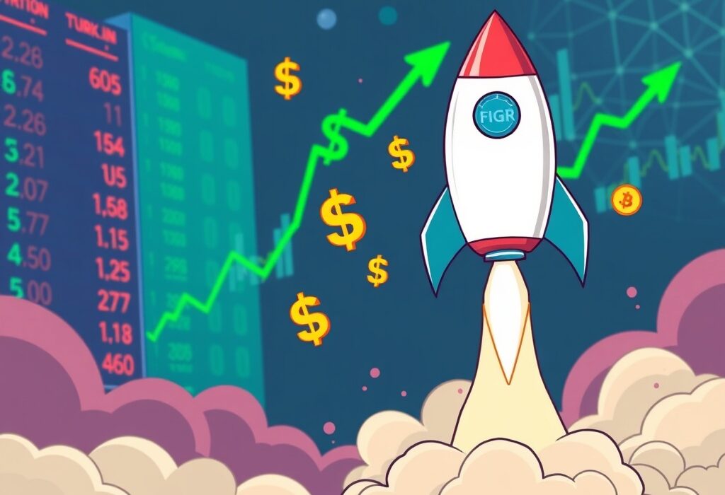 A cartoon rocket launch symbolizing the exciting Figure Technologies IPO and its impact on blockchain lending.