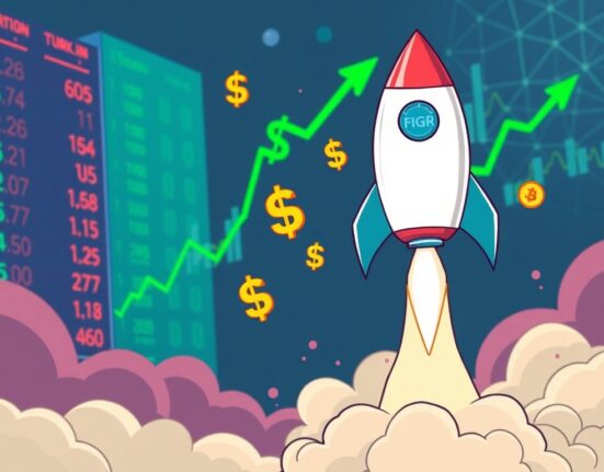 A cartoon rocket launch symbolizing the exciting Figure Technologies IPO and its impact on blockchain lending.