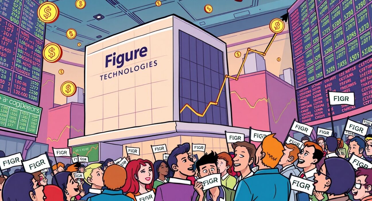 Cartoon showing the excitement around the Figure Technologies IPO launch on Nasdaq, symbolizing its financial innovation and the Figure Technologies IPO.