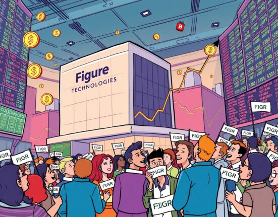 Cartoon showing the excitement around the Figure Technologies IPO launch on Nasdaq, symbolizing its financial innovation and the Figure Technologies IPO.