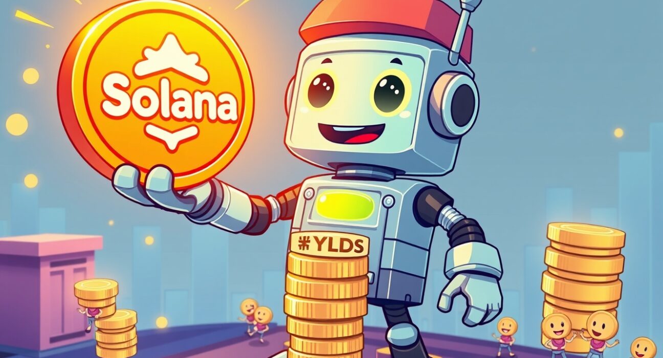 A cartoon robot banker offering the new YLDS interest-bearing stablecoin on the Solana blockchain platform.