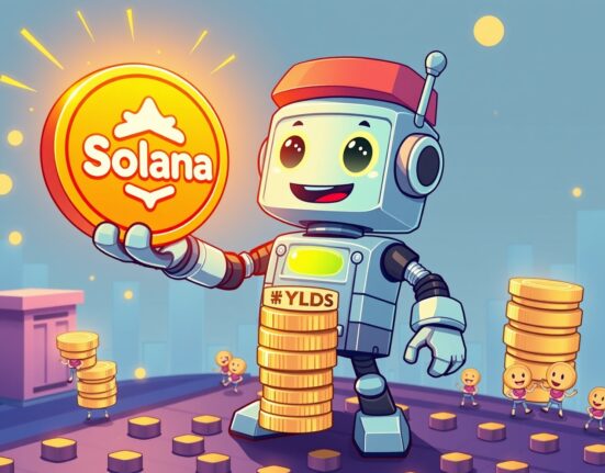 A cartoon robot banker offering the new YLDS interest-bearing stablecoin on the Solana blockchain platform.