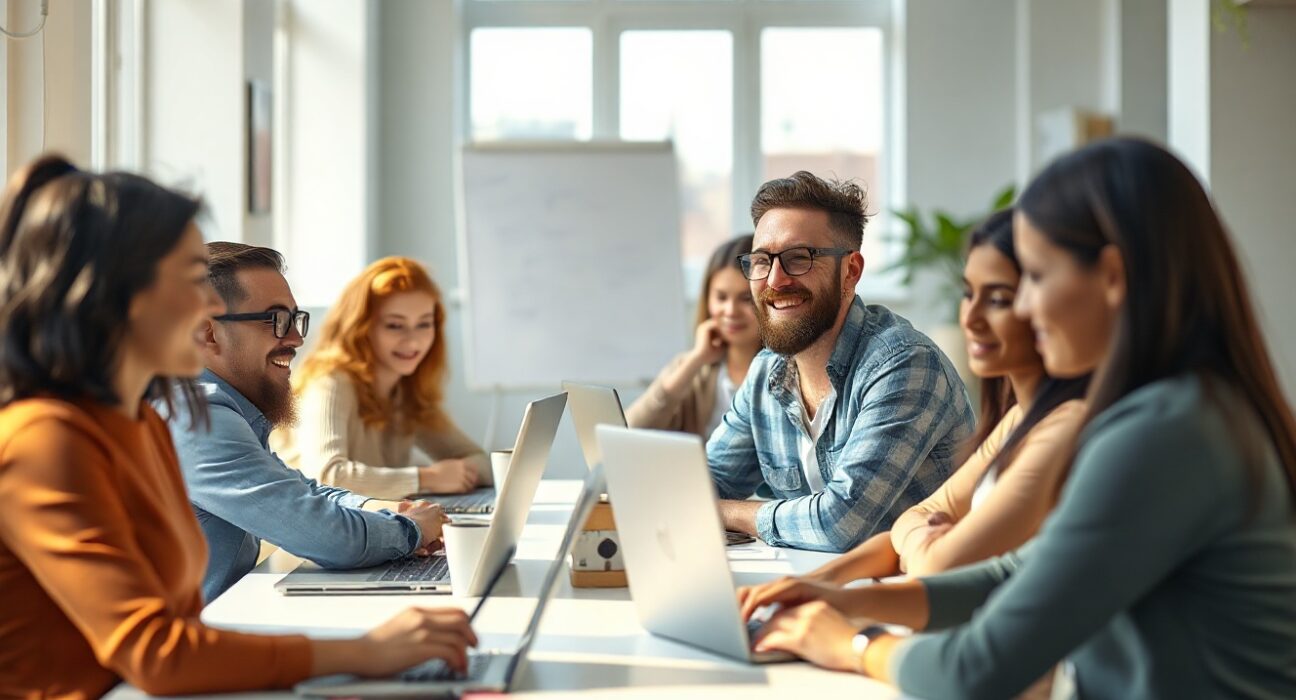 Young professional in a Stockholm startup office smiling at a laptop screen showing a video interview interface with an AI agent