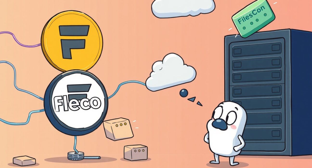 Cartoon showing Filecoin and Akave Cloud's S3-compatible blockchain storage service securely migrating data from traditional cloud.