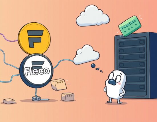Cartoon showing Filecoin and Akave Cloud's S3-compatible blockchain storage service securely migrating data from traditional cloud.