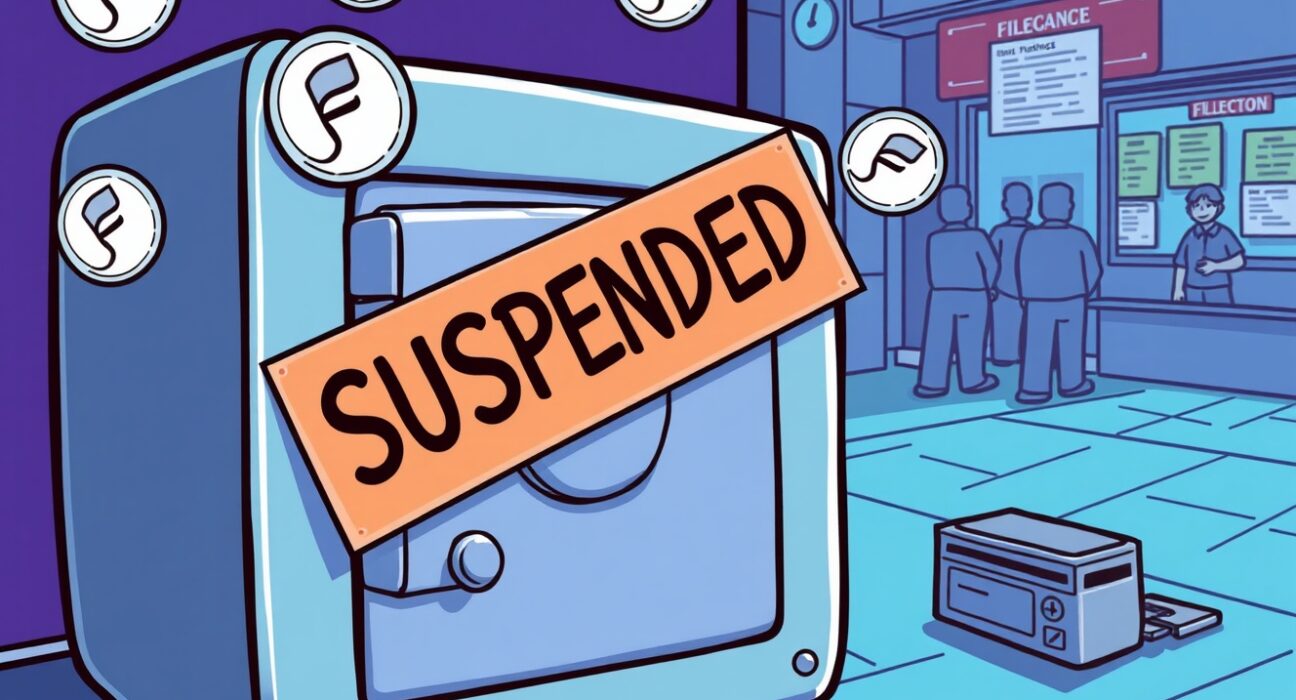 Cartoon showing a temporary halt in Filecoin deposits and withdrawals at a crypto exchange for a crucial mainnet upgrade.