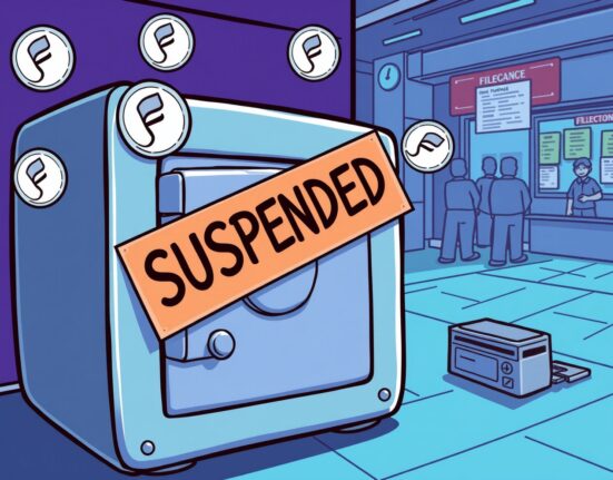 Cartoon showing a temporary halt in Filecoin deposits and withdrawals at a crypto exchange for a crucial mainnet upgrade.