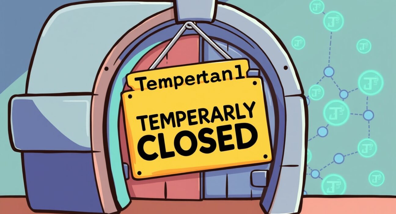 Cartoon illustration showing a temporary Filecoin (FIL) suspension on a crypto exchange for a network upgrade.