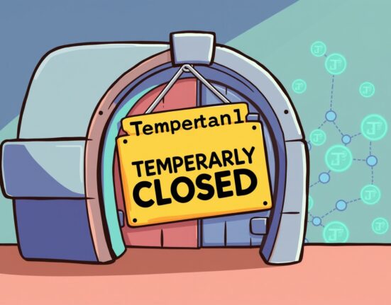 Cartoon illustration showing a temporary Filecoin (FIL) suspension on a crypto exchange for a network upgrade.