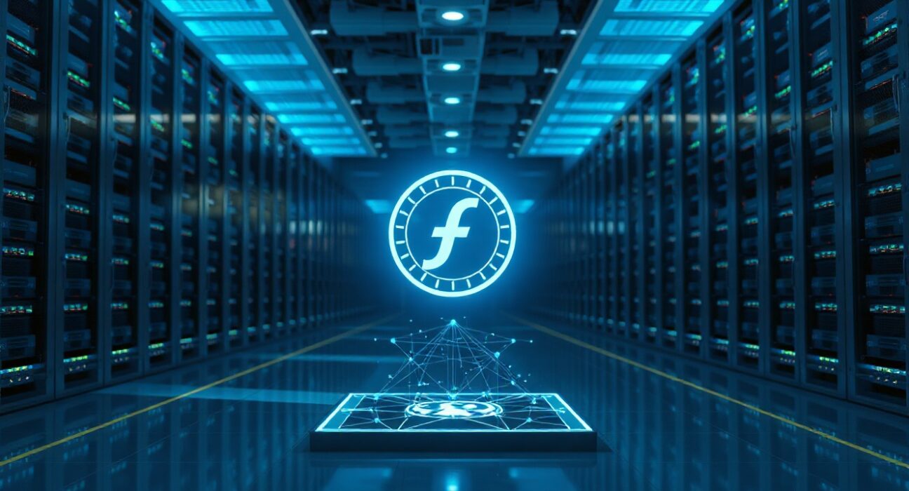 Filecoin holographic projection in a modern data center, representing decentralized storage technology.