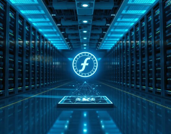Filecoin holographic projection in a modern data center, representing decentralized storage technology.